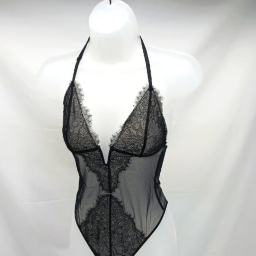 Victoria's Secret Sheer Black Lace Halter Bodysuit Never Worn